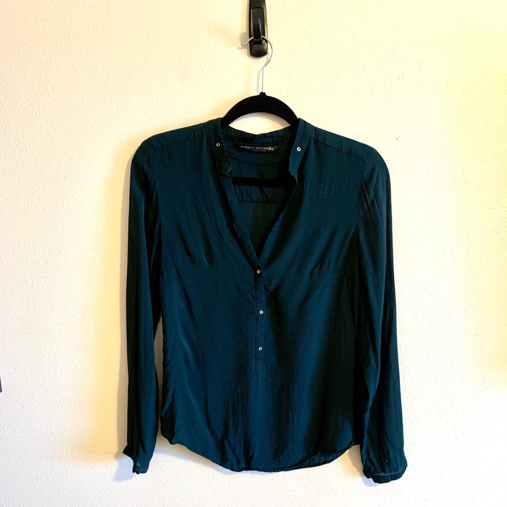 Zara Woman Hunter Green Blouse with Gold Buttons